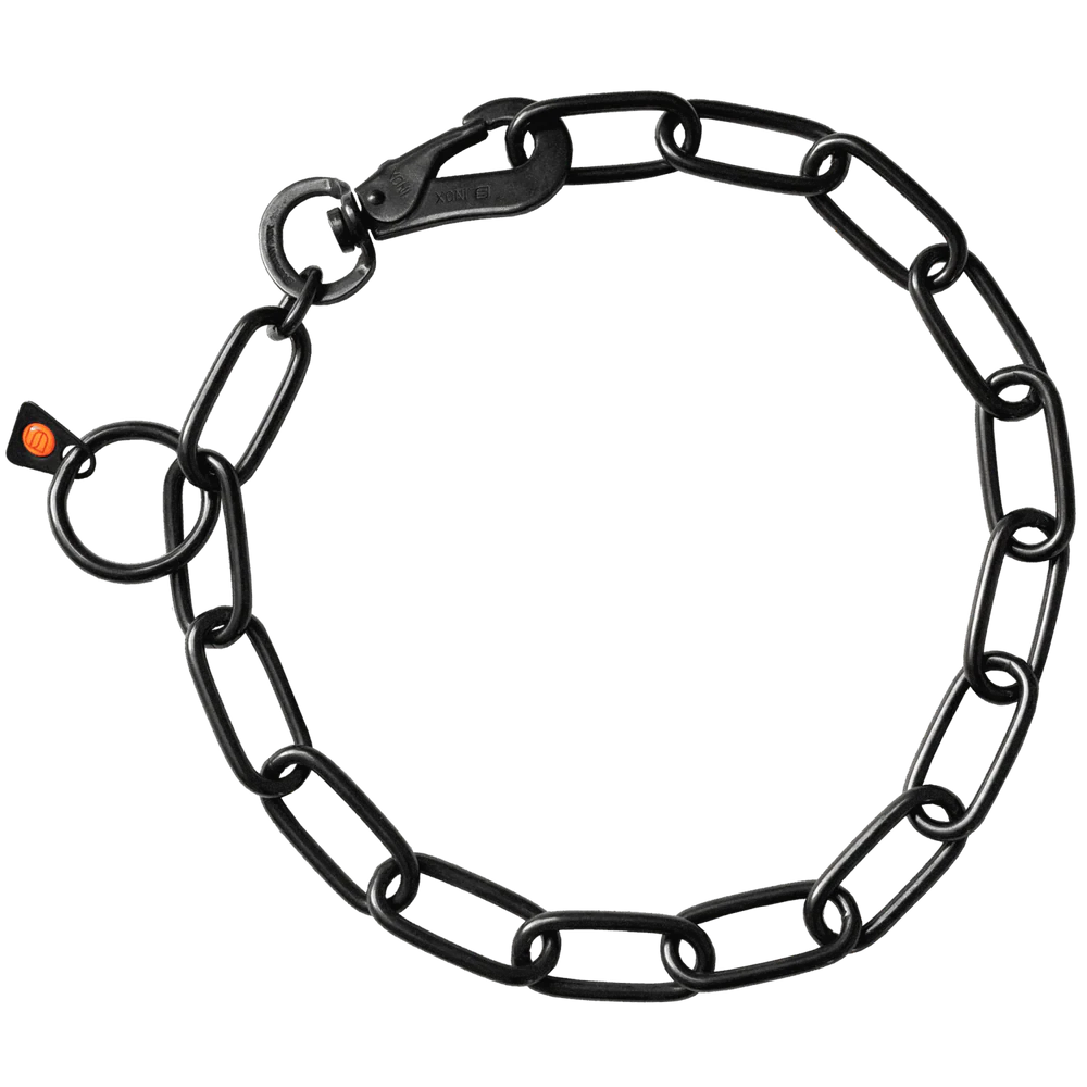 Guler, lanț lung, reglabil – cu cârlig SPRENGER – oțel inoxidabil negru, 4,0 mm