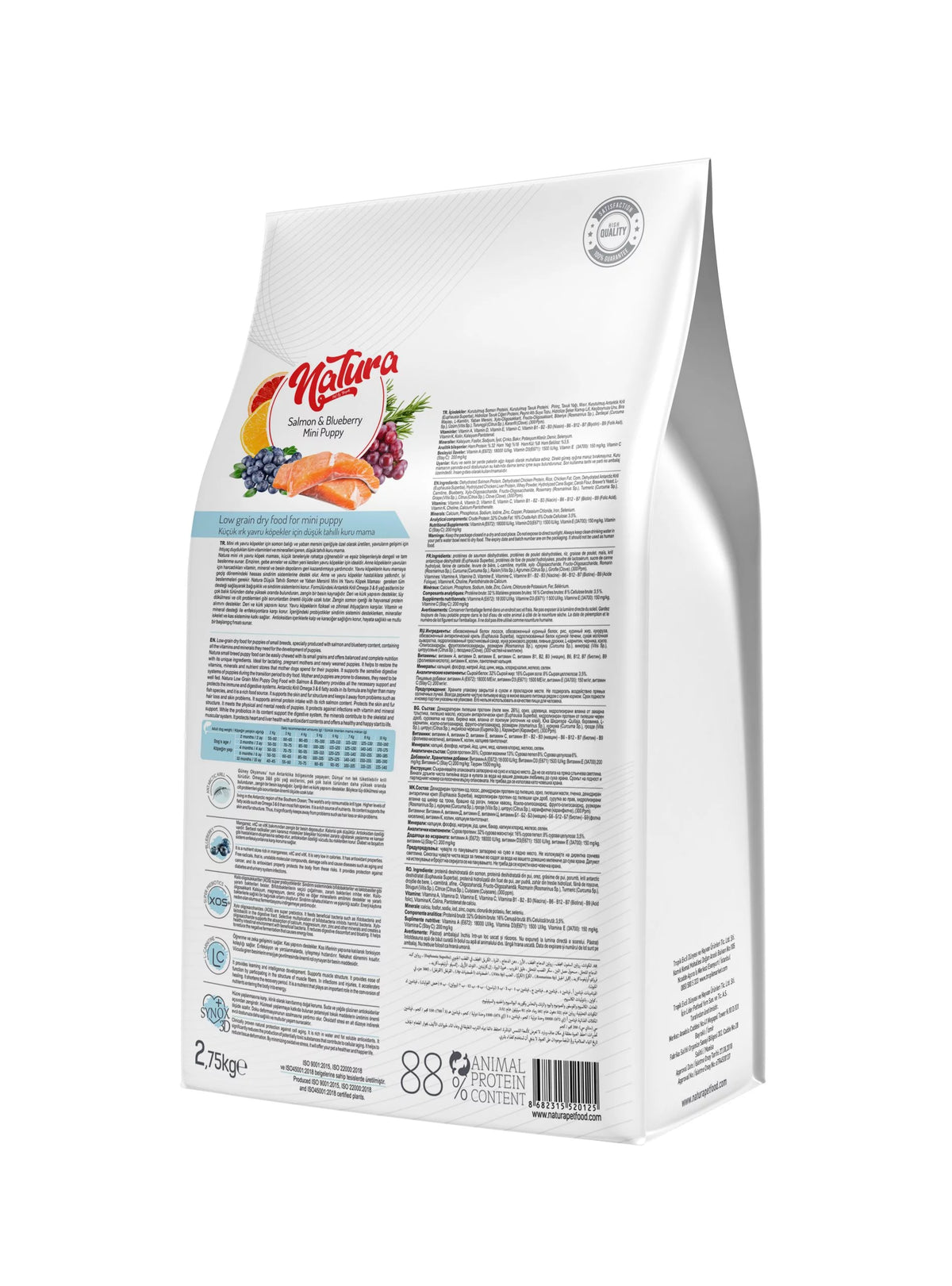 Natura Low Grain Mini Puppy – Hrană cățeluși (junior) cu somon si afine 2.75 kg