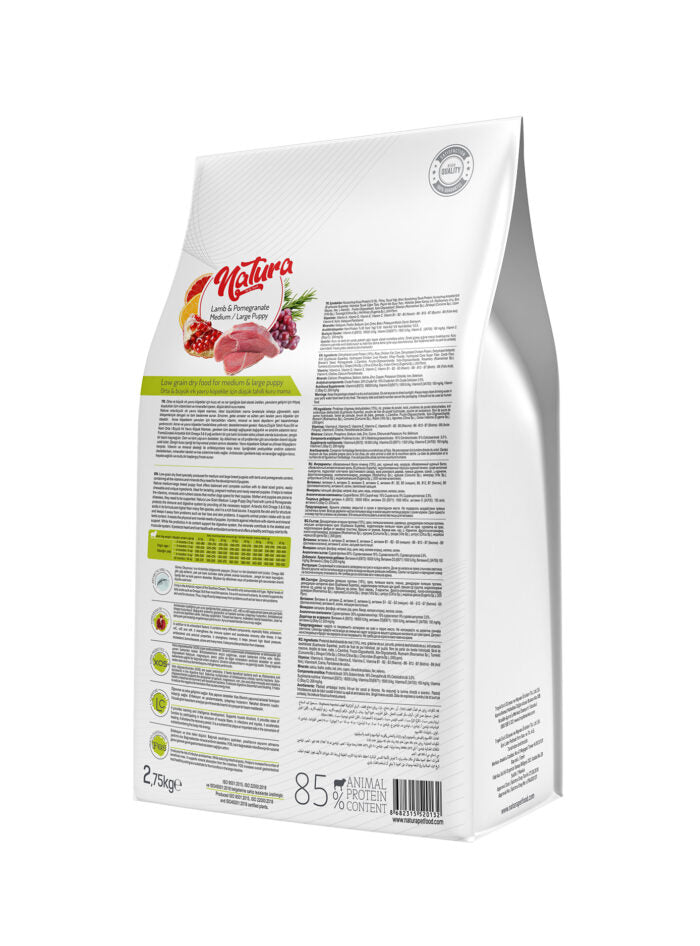 Hrană uscată pentru căței Puppy - NATURA Low Grain Medium & Large – Miel & Rodie, 2,75 kg