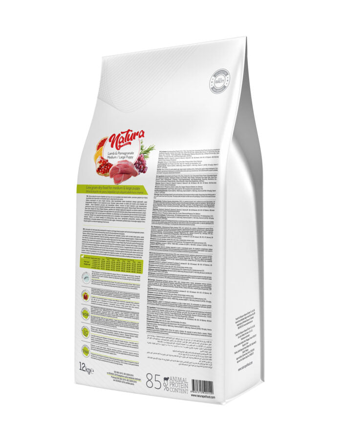 Hrană uscată pentru căței Puppy - NATURA Low Grain Medium & Large – Miel & Rodie, 12 kg