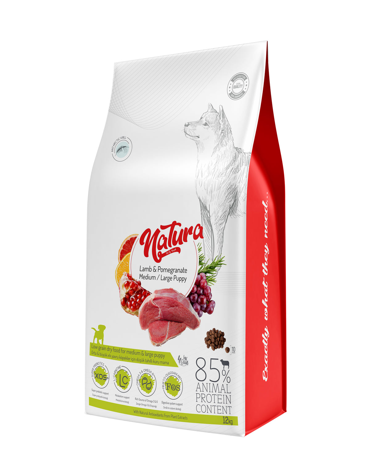 Hrană uscată pentru căței Puppy - NATURA Low Grain Medium & Large – Miel & Rodie, 12 kg