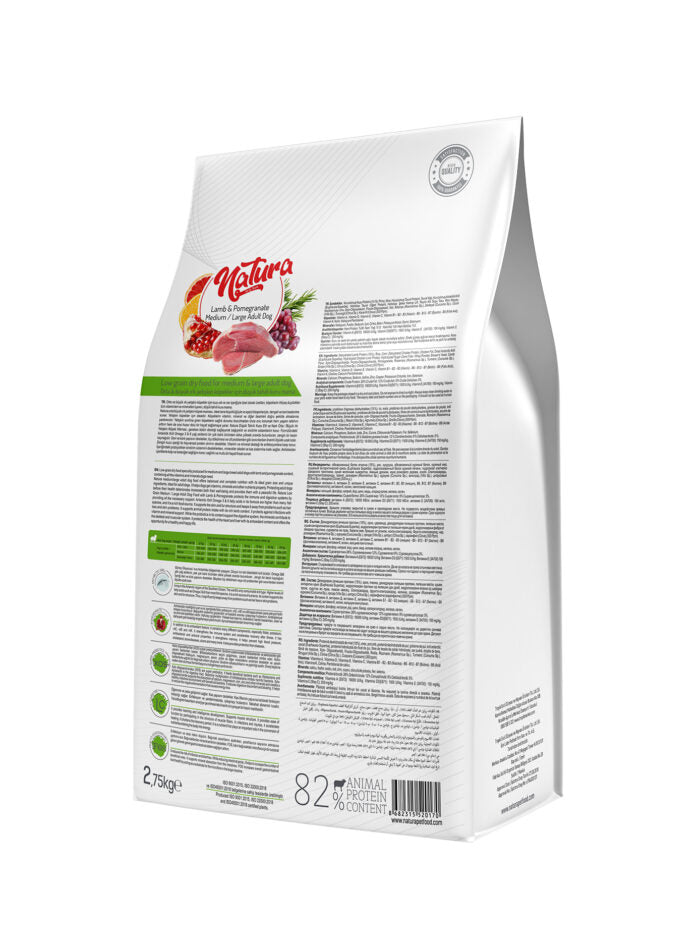 Natura Low Grain hrana uscata pentru caini adulti de talie medie si mare, cu miel și rodie-2.75 Kg