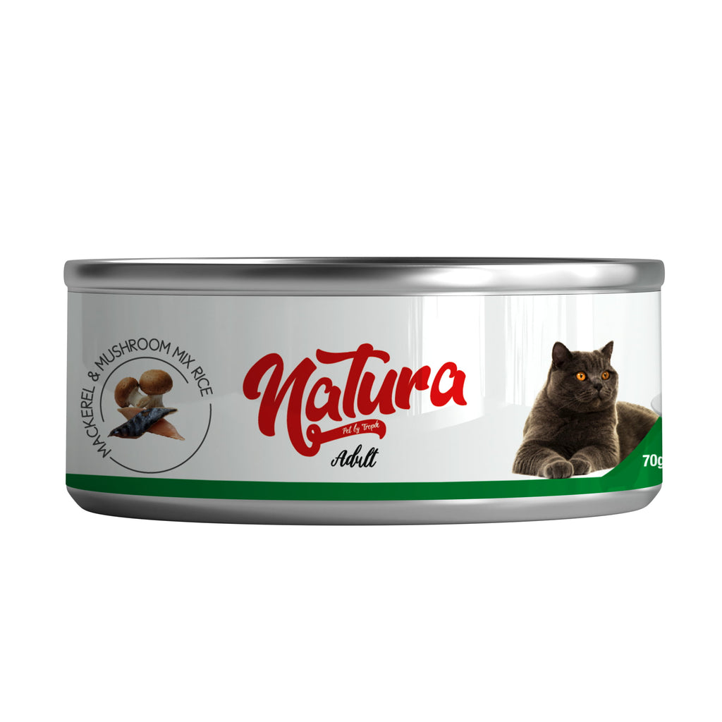 Conservă pentru pisici Natura amestec de macrou si ciuperci în sos, cu orez 70 gr