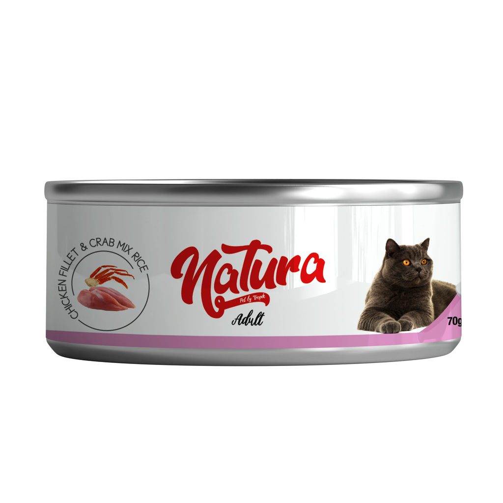 Conservă pentru pisici Natura file de pui cu amestec de pui și amestec de crabi în sos, cu orez 70 gr