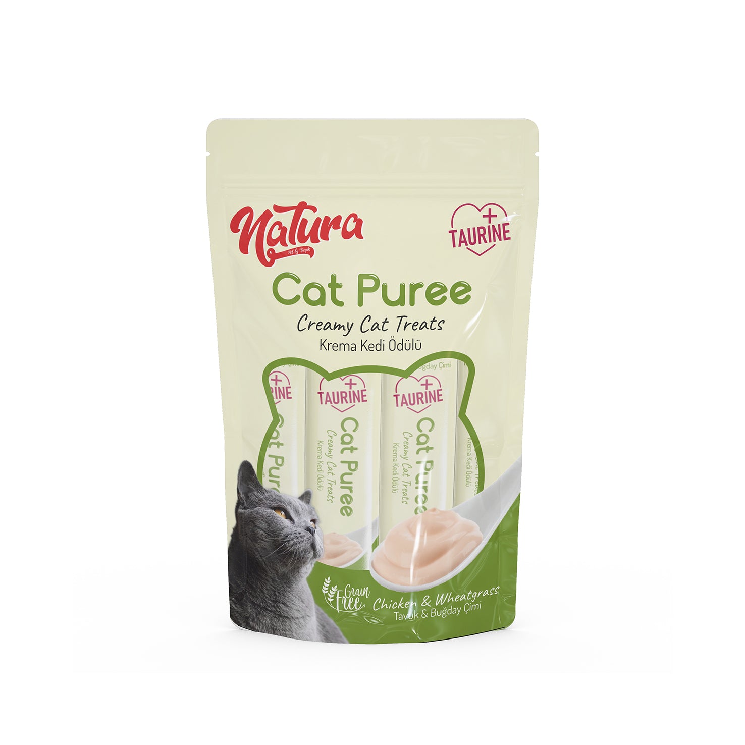 Natura Cat Piure cu pui și iarbă de grâu 5 × 12 g