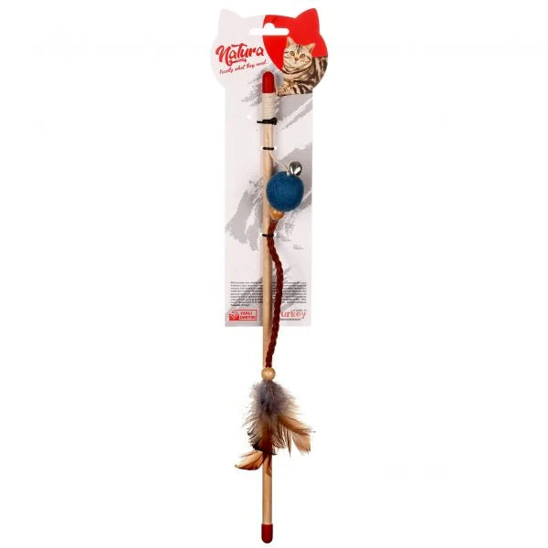 Jucărie pentru pisici – Natura Ball With Leather Fringed Cat Toy Rod PTC-036 (40 cm)