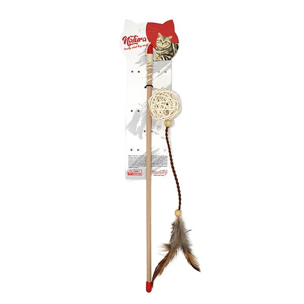 Jucărie pentru pisici – Natura Long Leather Feathered Ball Cat Rod Toy PTC-060 (45 cm)