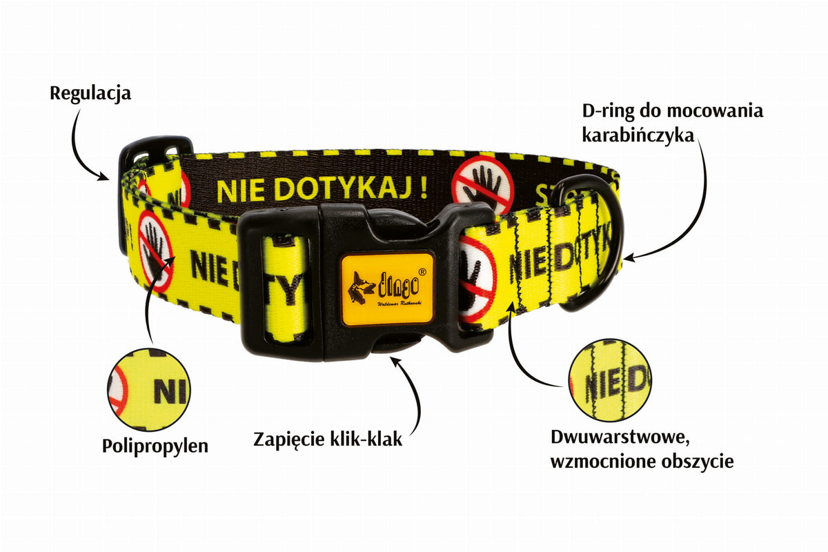 Zgardă galbenă pentru câine „NU ATINGE”