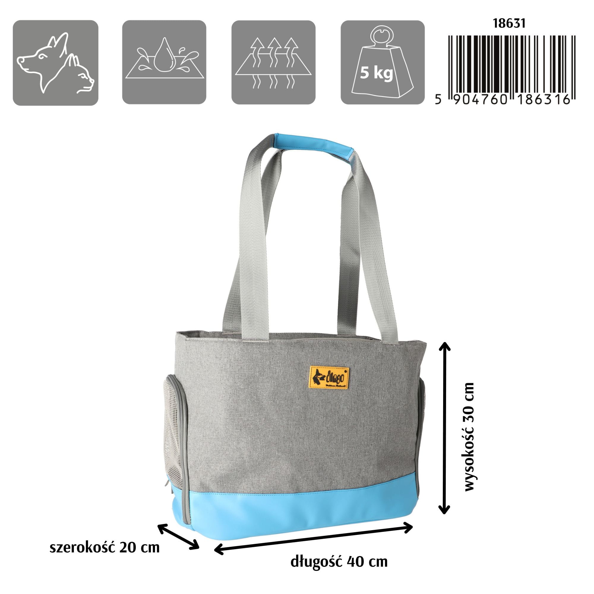 Geantă de transport pentru animale albastru-gri 41 × 20 × 30 cm