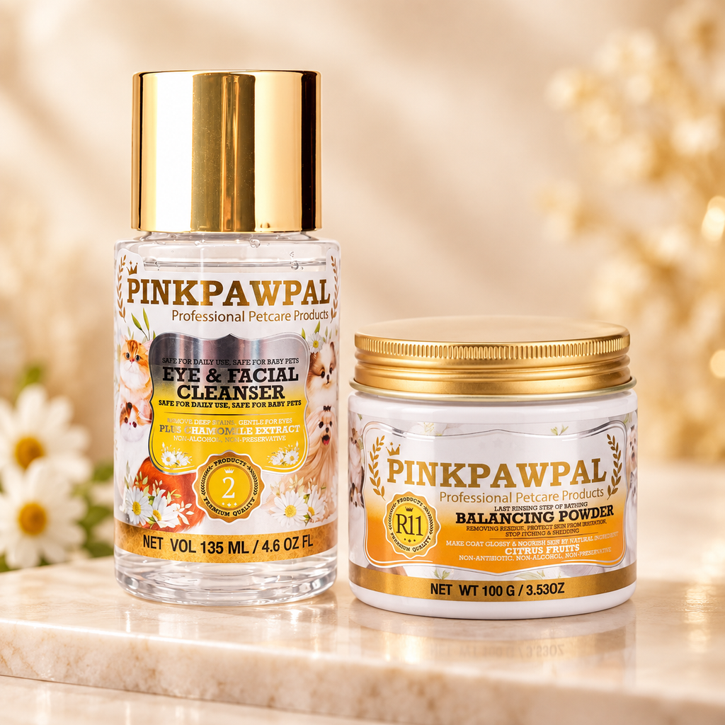 PinkPawPal Set Curățare & Echilibrare – Eye & Facial Cleanser 135 ml + Balancing Powder 100 g
