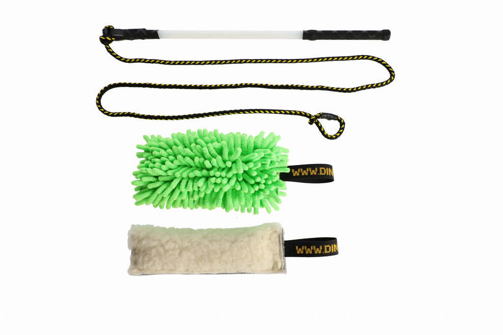 Băț cu șnur pentru câini 130 cm cu capete interschimbabile mop verde + lână cu fluier