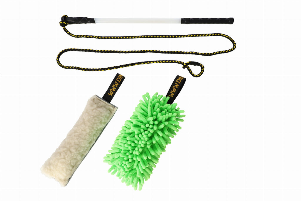 Băț cu șnur pentru câini 130 cm cu capete interschimbabile mop verde + lână cu fluier